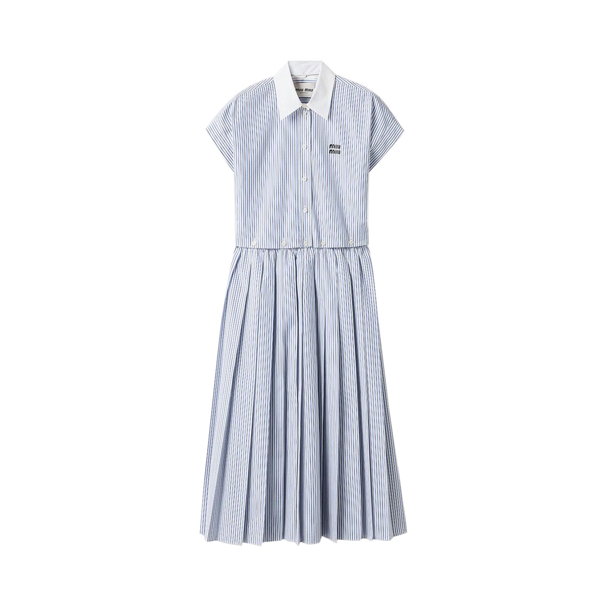 Buy Miu Miu Pleated Striped Poplin Midi Dress 'Bianco
