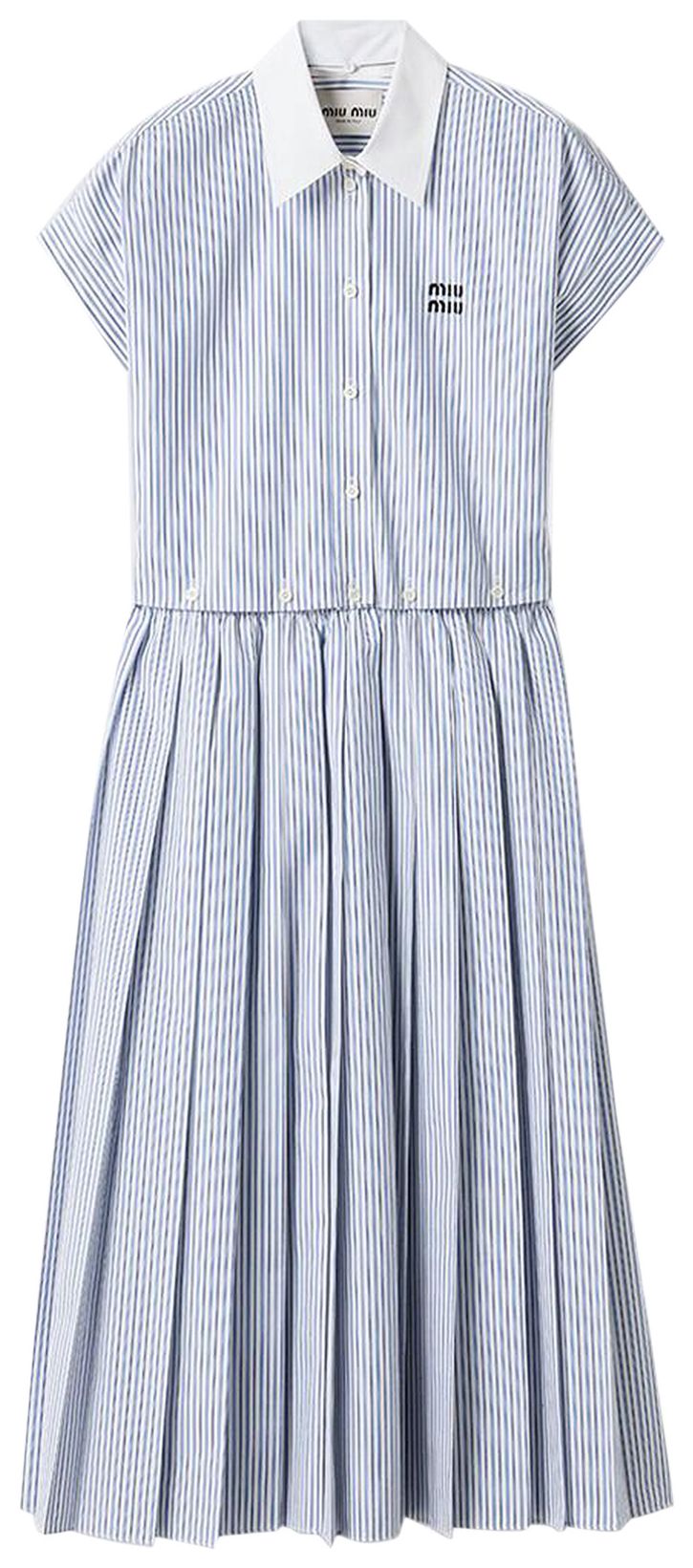 Miu Miu Pleated Striped Poplin Midi Dress BiancoCeleste
