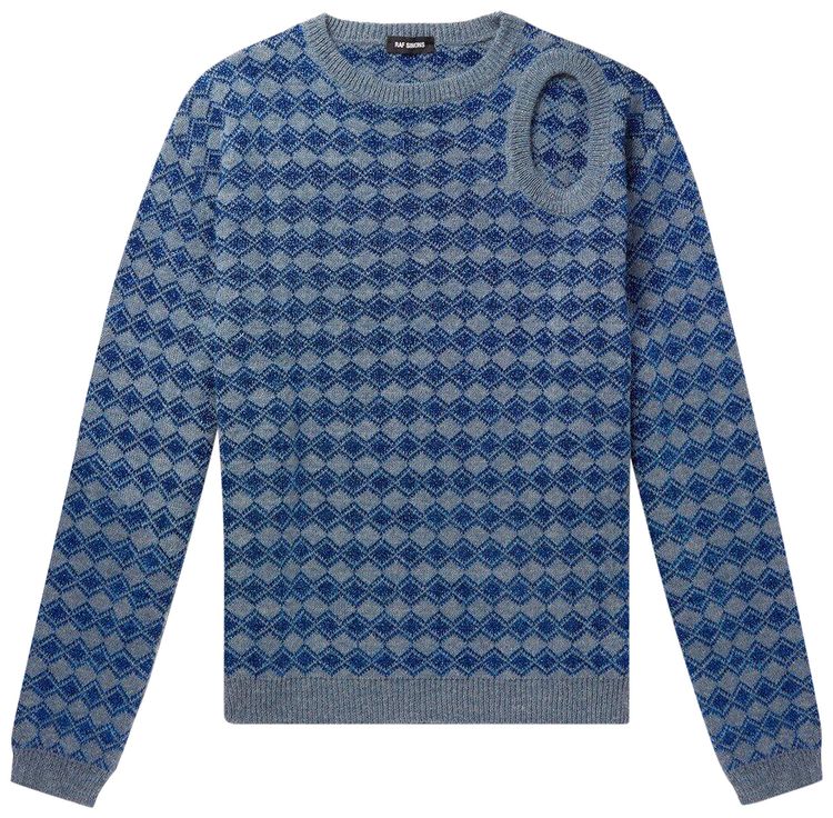 Raf Simons Jacquard Cut Out Hole Crewneck Sweater Grey Blue