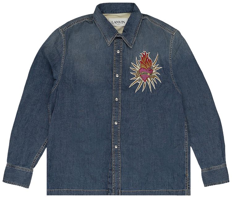Lanvin Embroidered Denim Button Down Shirt Navy Blue