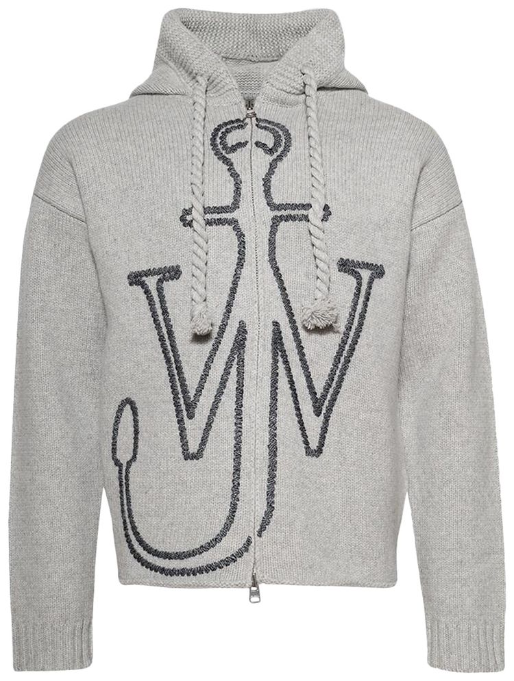JW Anderson Anchor Embroidery Zipped Hoodie Light Grey Melange