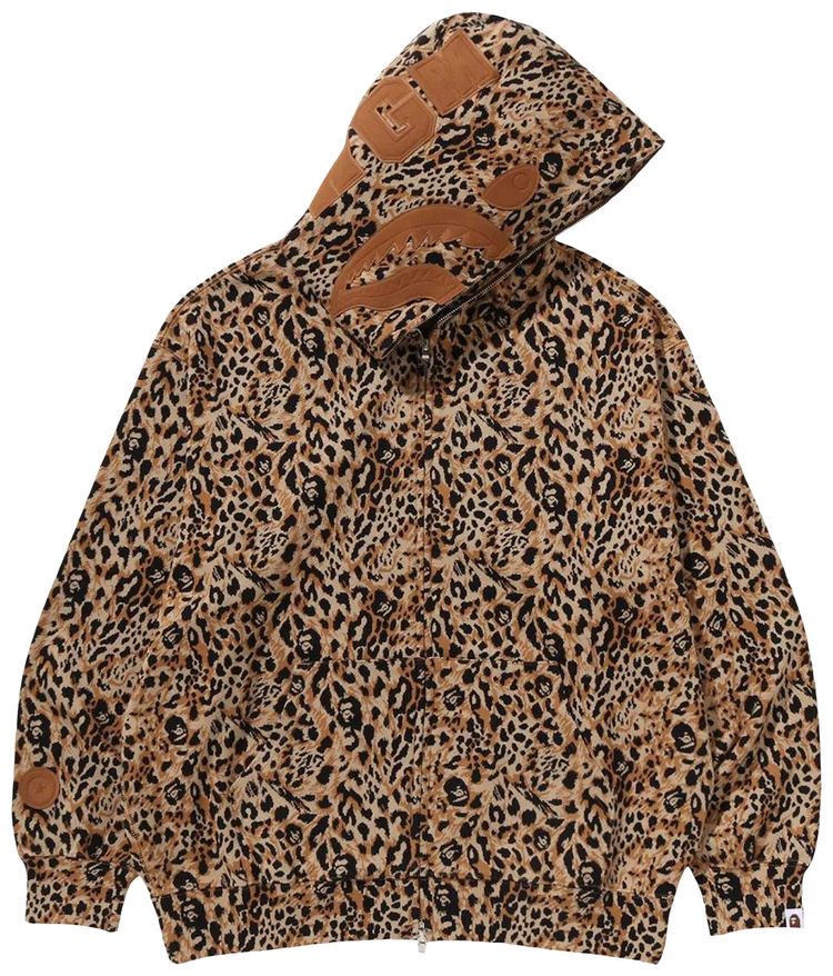 BAPE Wild Leopard Pattern Shark Relaxed Fit Full Zip Hoodie Beige