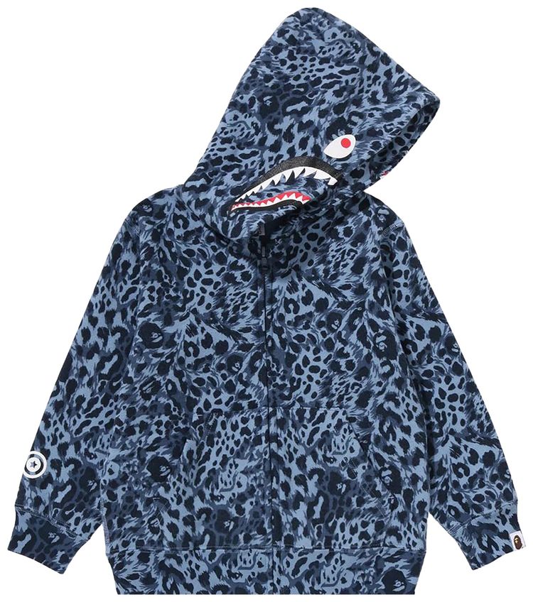 BAPE Kids Wild Leopard Pattern Shark Zip Hoodie Blue