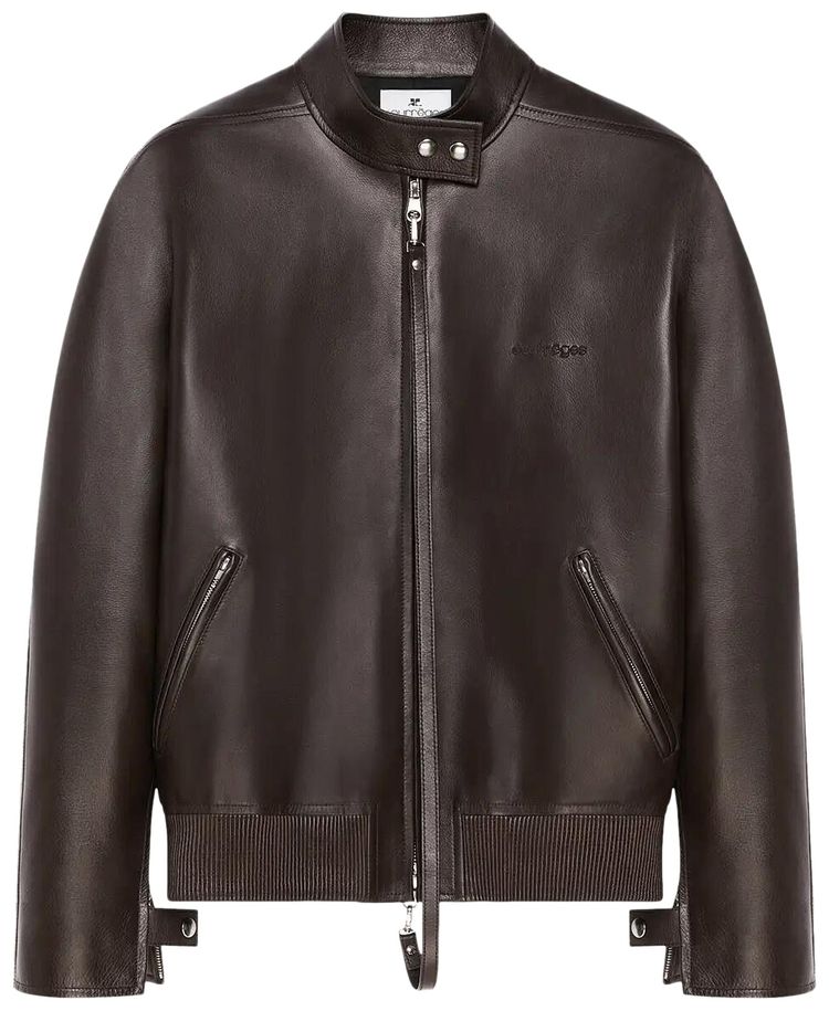 Courreges Embroidered Leather Bomber Jacket Dark Brown