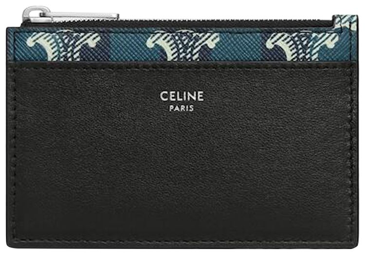CELINE Zipped Card Holder In Striped Triomphe Canvas And Lambskin BlackNavy Blue