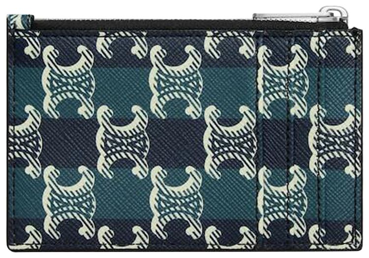 CELINE Zipped Card Holder In Striped Triomphe Canvas And Lambskin BlackNavy Blue