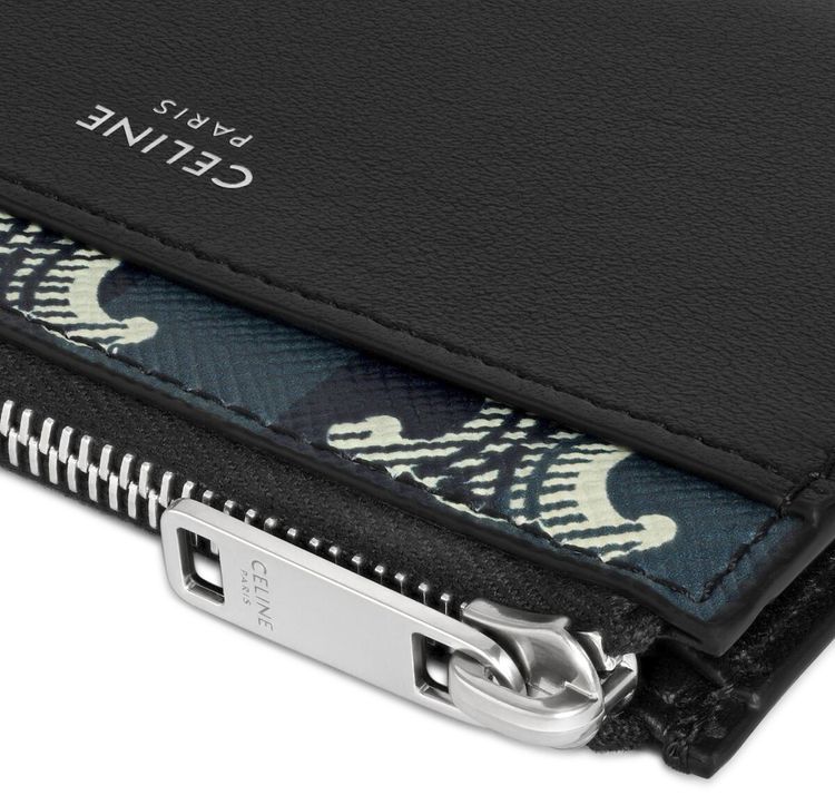 CELINE Zipped Card Holder In Striped Triomphe Canvas And Lambskin BlackNavy Blue