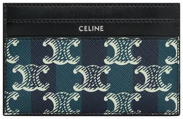 CELINE Medium Card Holder In Striped Triomphe Canvas And Calfskin BlackNavy Blue