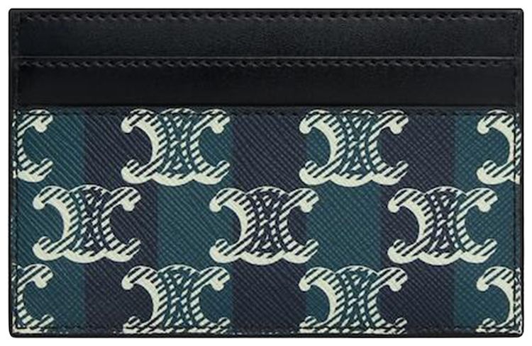 CELINE Medium Card Holder In Striped Triomphe Canvas And Calfskin BlackNavy Blue