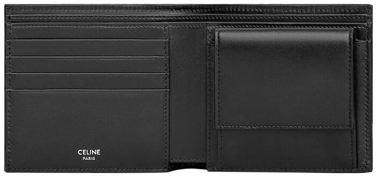CELINE Bi Fold Wallet In Striped Triomphe Canvas And Calfskin BlackNavy Blue