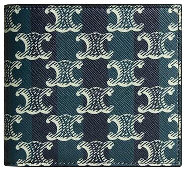 CELINE Bi Fold Wallet In Striped Triomphe Canvas And Calfskin BlackNavy Blue