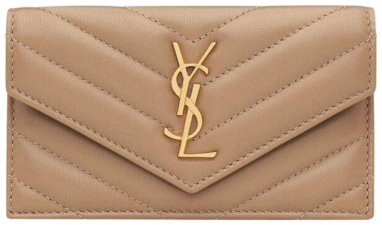 Saint Laurent Cassandre Fragments Flap Card Case In Lambskin Natural Tan