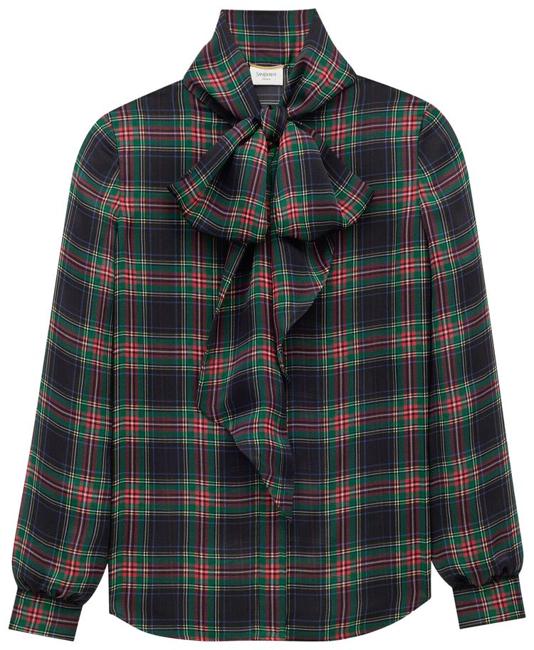 Saint Laurent Lavalliere Blouse In Tartan Silk Charmeuse Noir Multico