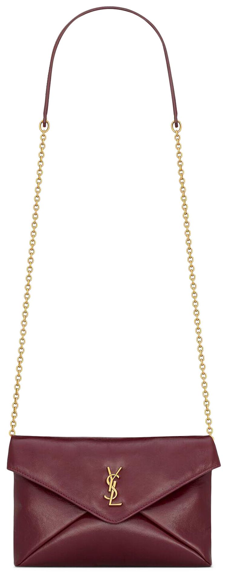 Saint Laurent Cassandre Chain Pouch In Shiny Leather Dark Ruby