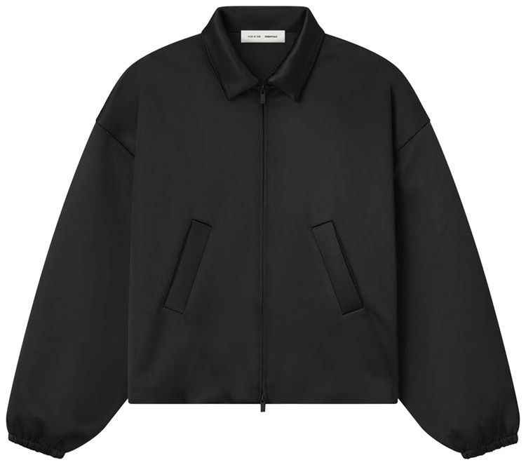 Fear of God Essentials Bonded Satin Zip Up Bomber Jacket Jet Black
