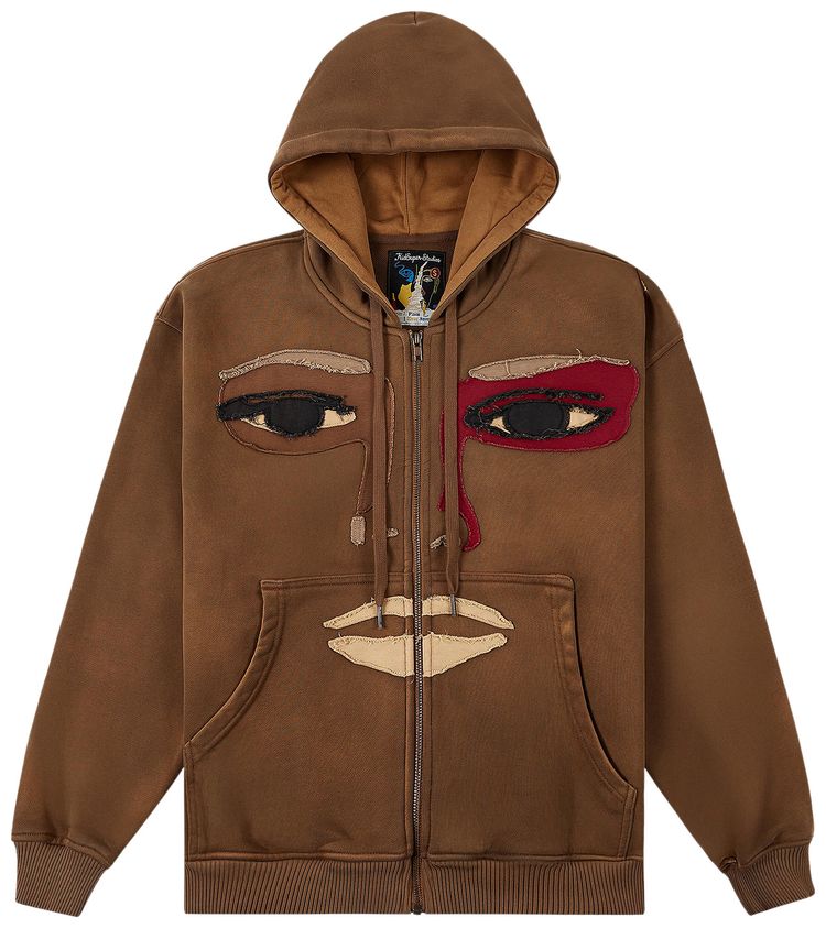 KidSuper Patchwork Face Zip Up Hoodie Brown