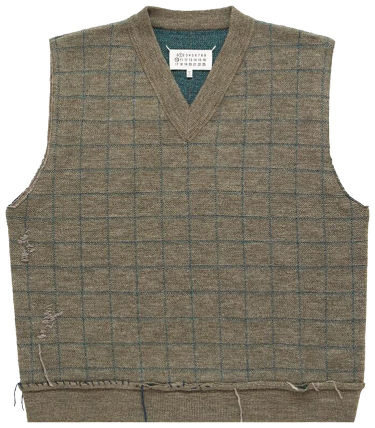 Maison Margiela Check Sleeveless V Neck Vest Military Green