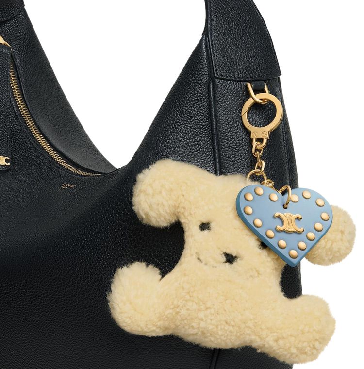 CELINE Triomphe Pom Pom Charm In Shearling And Calfskin NaturalPale Blue
