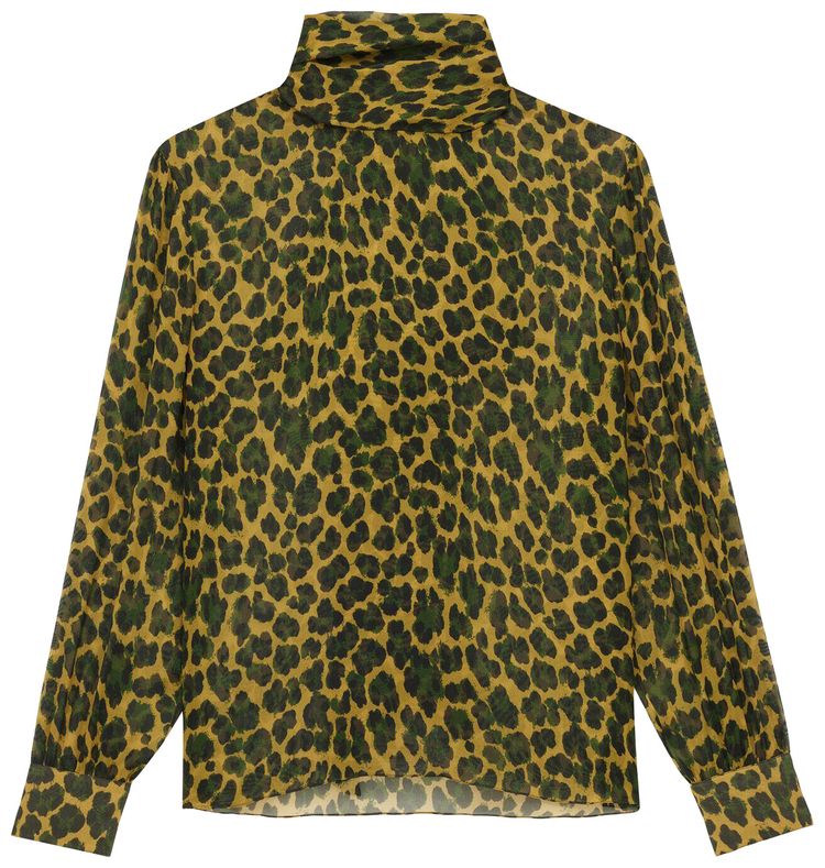 Saint Laurent Lavalliere Blouse In Leopard Silk Muslin OcreVert