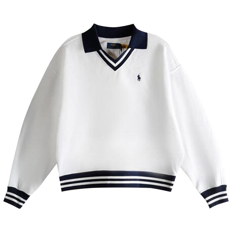 Polo Ralph Lauren Fleece Knit Long Sleeve Collared Sweatshirt Ceramic White