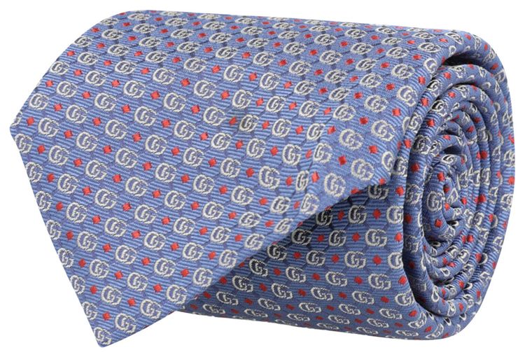 Gucci Double G Silk Jacquard Tie Blue Orange
