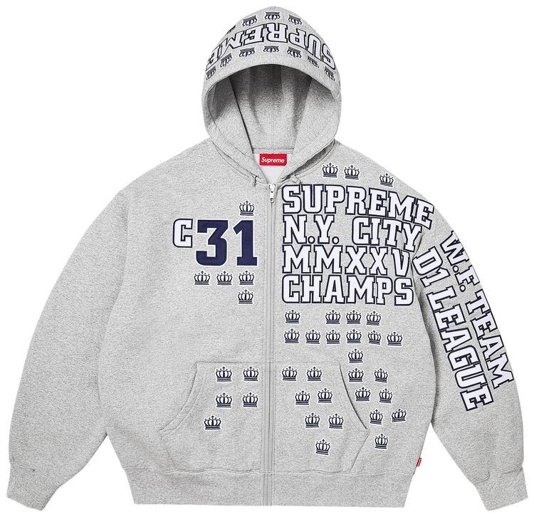Supreme League Champs Zip Up Hooded Sweatshirt Heather Grey