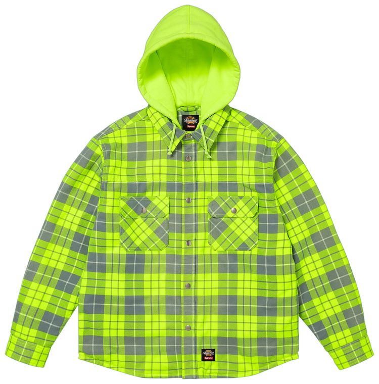 Supreme x Dickies Lined Zip Up Hooded Flannel Shirt Fluorescent Green
