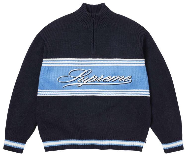 Supreme Script Stripe Half Zip Sweater Navy
