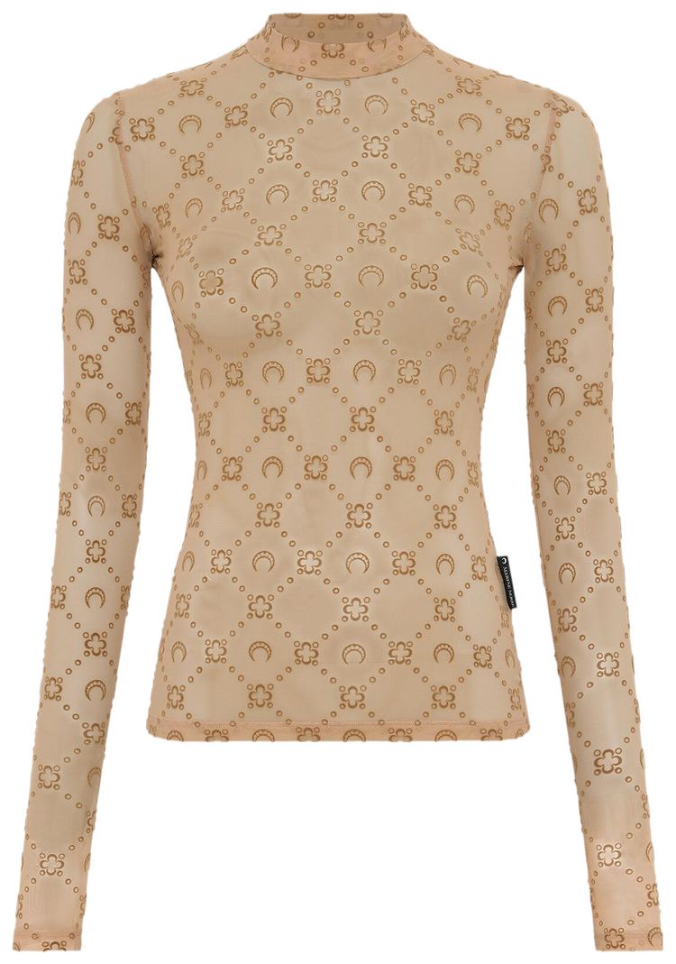 Marine Serre Moonogram Mesh Flock Long Sleeve Highneck Top Camel