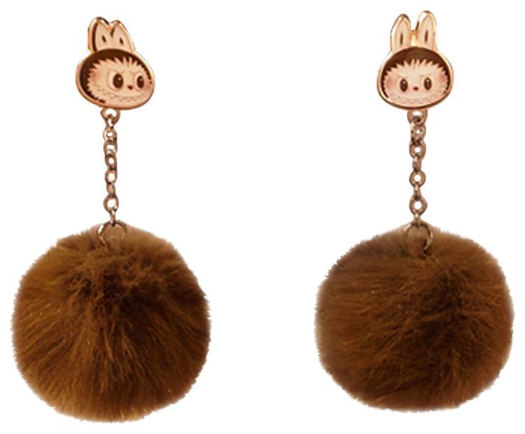 Pop Mart The Monsters Labubu Warm Fluffy Holiday Series Pompom Earring Brown