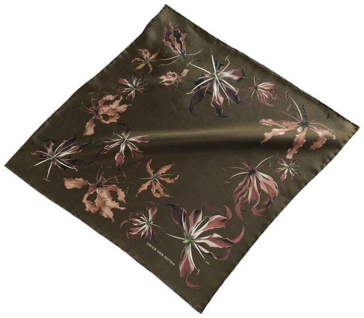 Dries Van Noten Printed Silk Scarf Khaki