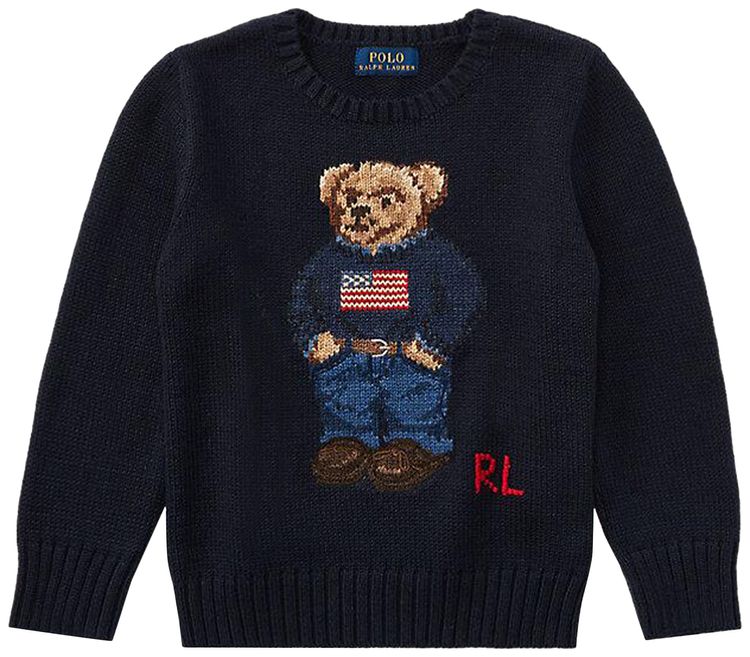 Polo Ralph Lauren Long Sleeve Cotton Novelty Flag Bear Crewneck Sweater Hunter Navy