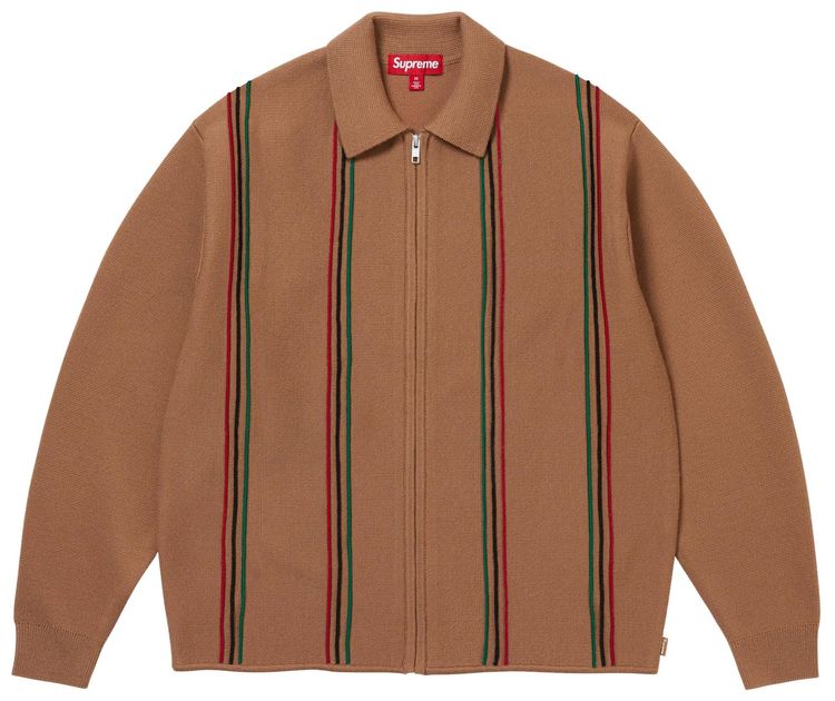 Supreme Stripe Zip Up Polo Sweater Tan
