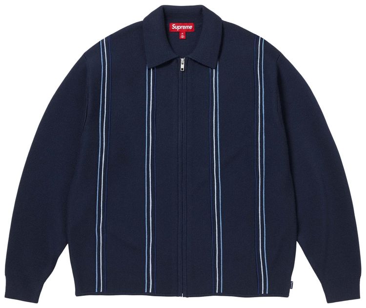Supreme Stripe Zip Up Polo Sweater Navy