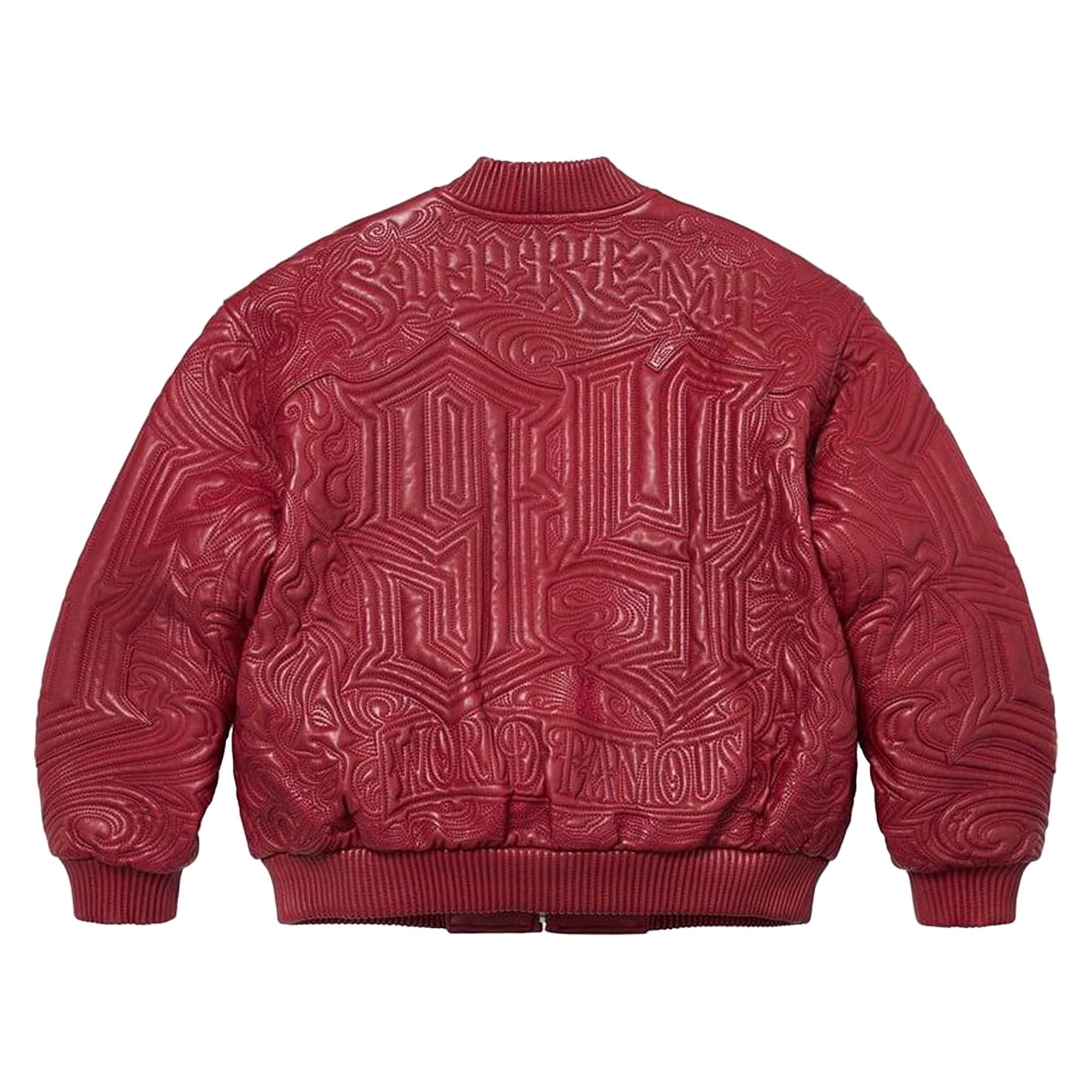 Buy Supreme Mister Cartoon Embroidered Leather Jacket 'Burgundy