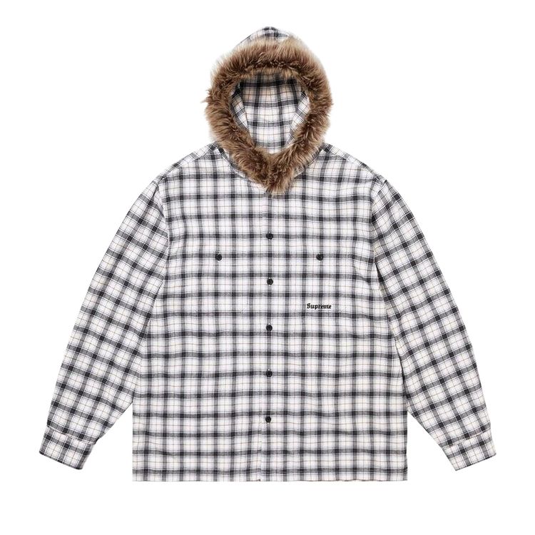 Supreme Fur Trim Flannel Hooded Shirt White Plaid
