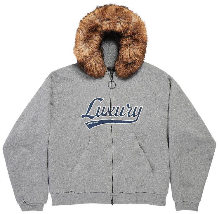 Balenciaga Faux Fur Zip Up Hoodie Dark Heather GreyBlue