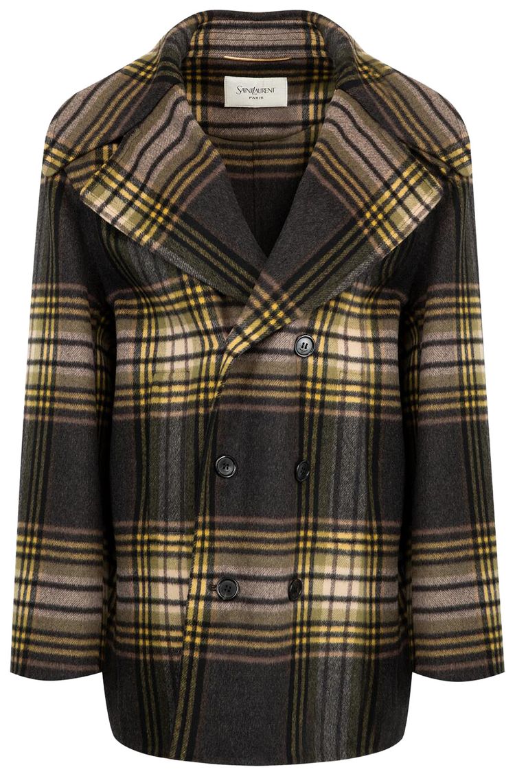 Saint Laurent Manteau Carreaux Automne Noir Jaune Vert