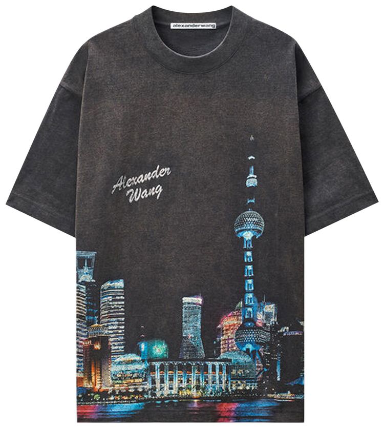 Alexander Wang Short Sleeve T Shirt W Allover Hotfix Graphic Washed Black