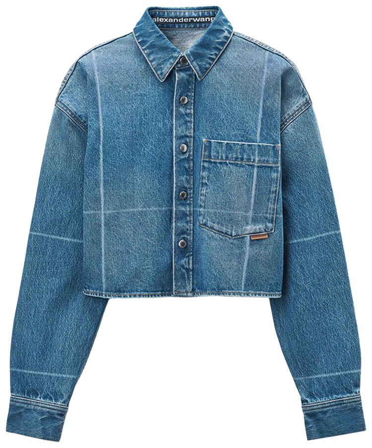 Alexander Wang Cropped Button Down Shirt W Faded Fold Lines Vintage Marbled Blue