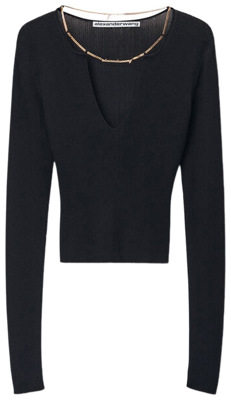 Alexander Wang Long Sleeve V Neck Pullover W Nameplate Chain Black