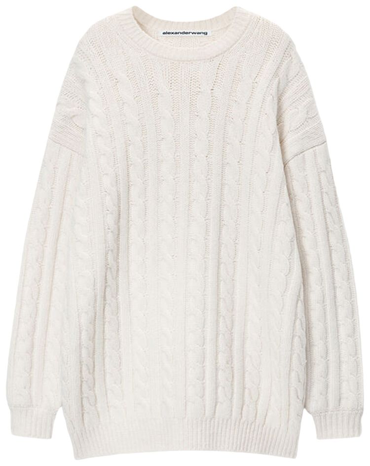 Alexander Wang Long Sleeve Cable Pullover Dress W Clear Bead Hotfix Ivory