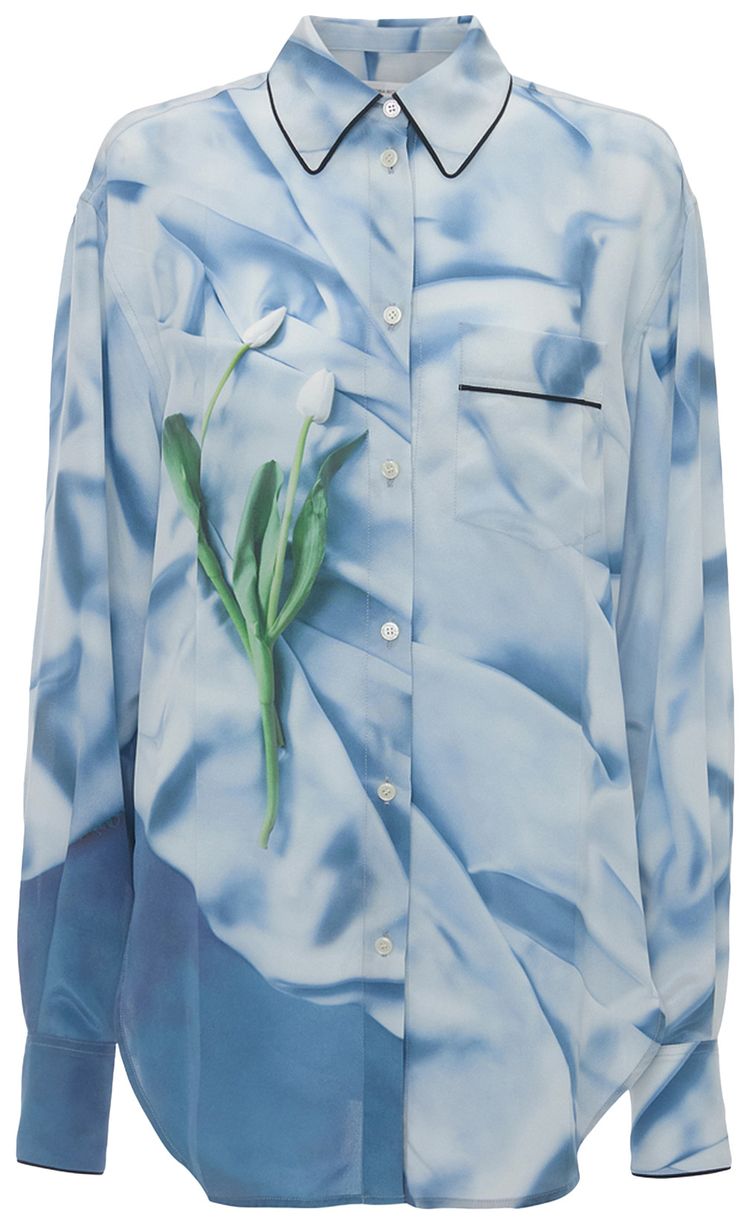 Victoria Beckham Piping Detail Pyjama Shirt Satin Flowers Ice Blue