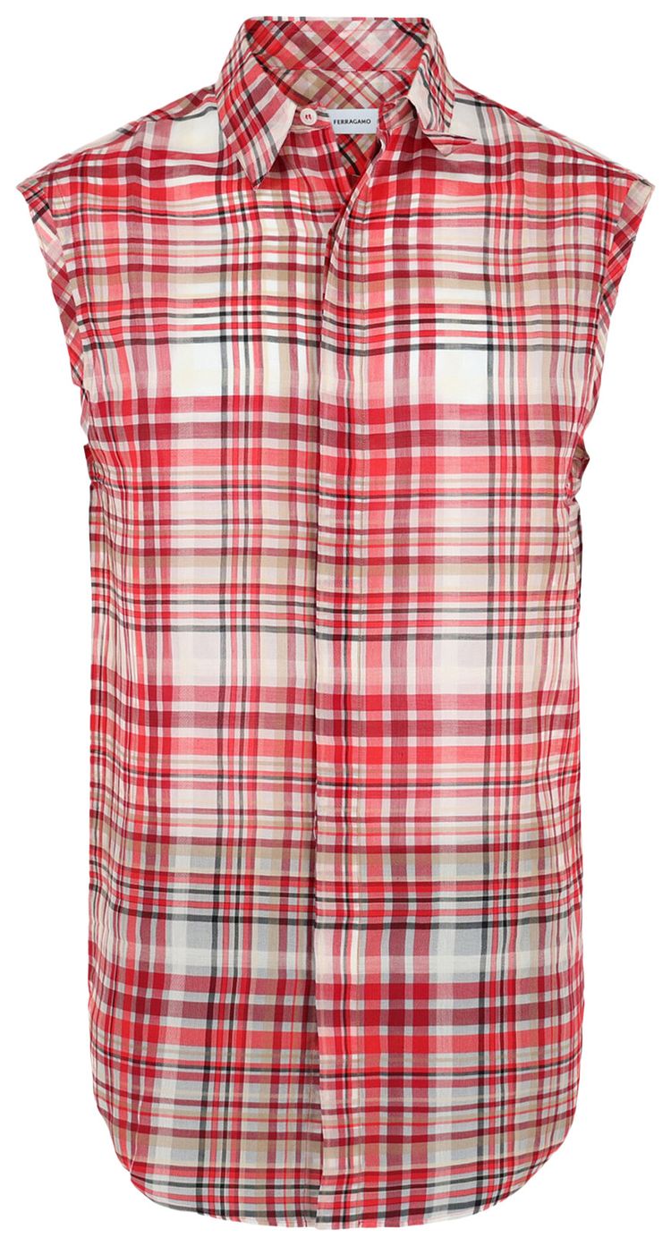 Ferragamo Plaid Print Sleeveless Shirt RedWhite