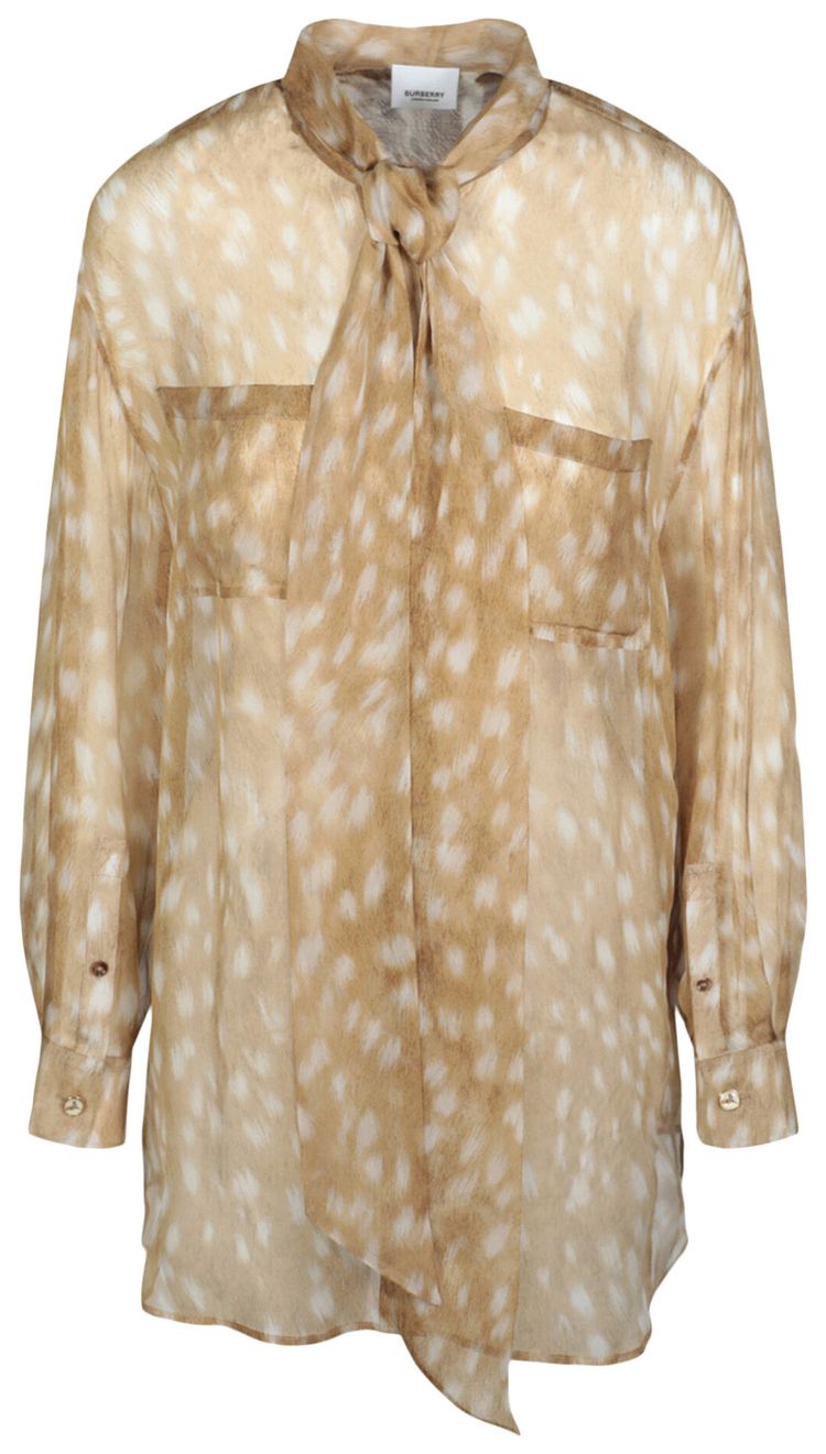 Burberry Tied Deer Printed Silk Blouse Tan
