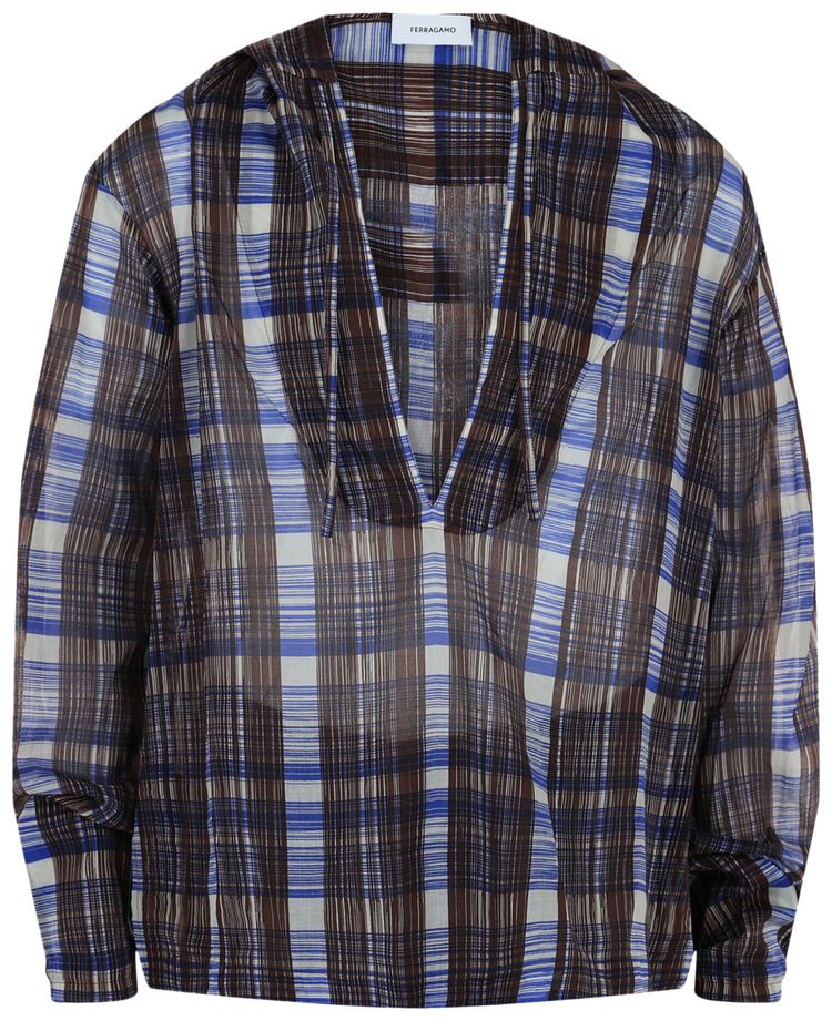 Ferragamo Plaid Print Hooded Shirt Brown