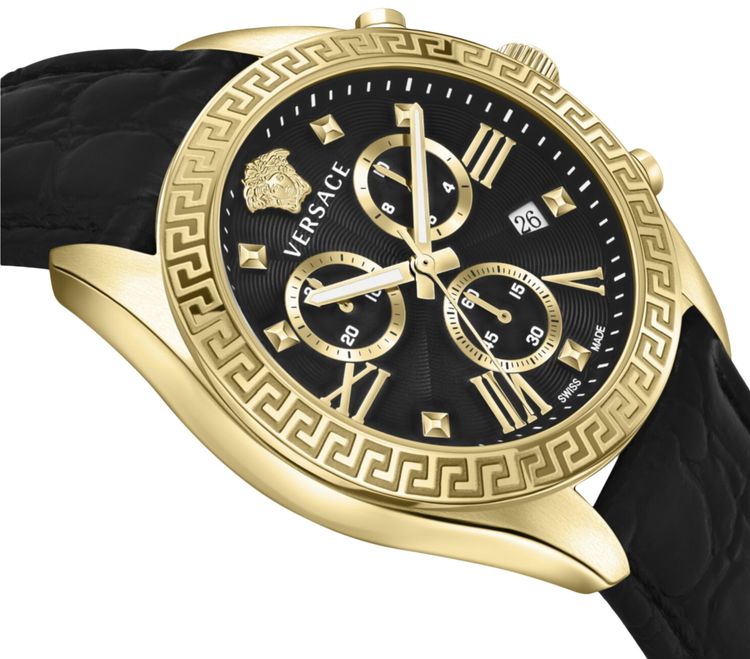 Versace Greca Chrono Leather Watch Gold