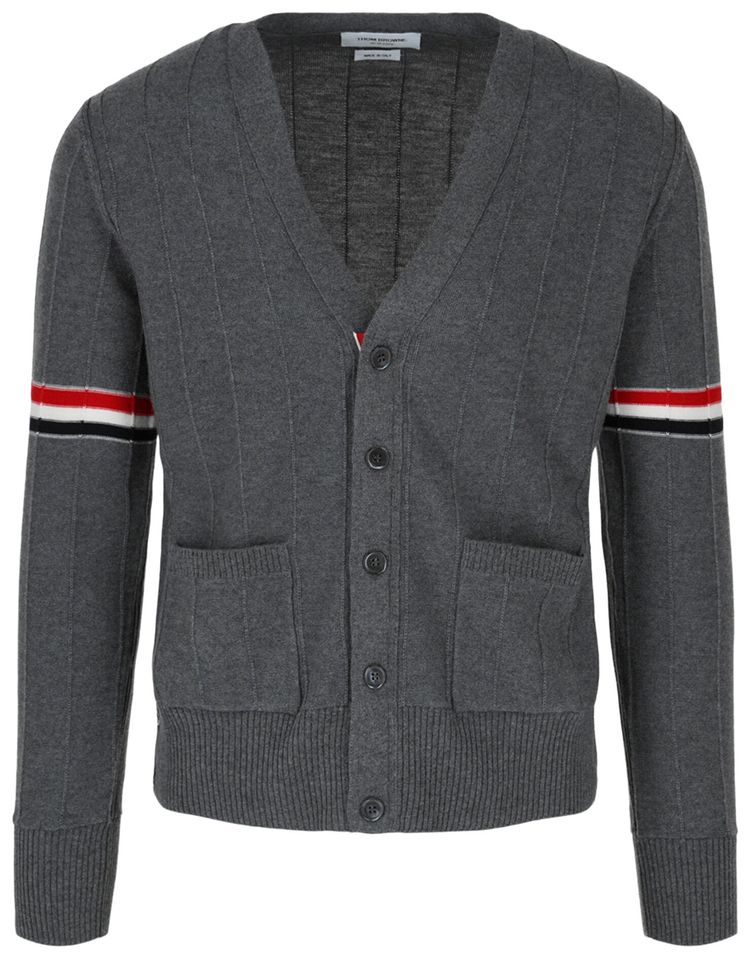Thom Browne Wool Relaxed V Neck Armband Cardigan Grey