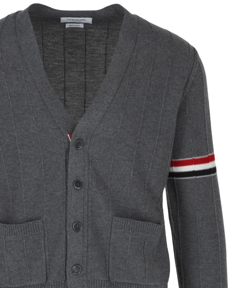 Thom Browne Wool Relaxed V Neck Armband Cardigan Grey