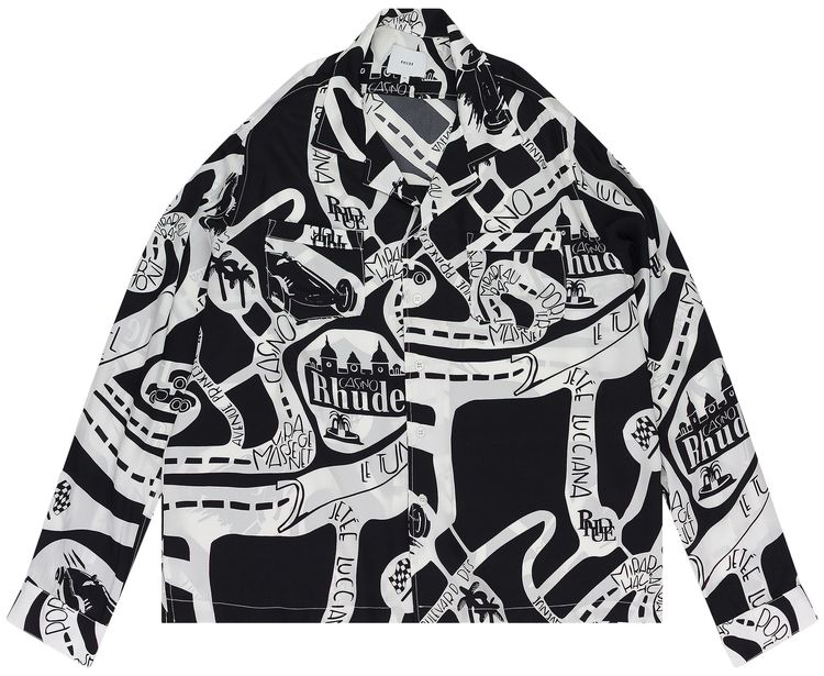 Rhude Strada Silk Long Sleeve Button Down Shirt BlackWhite